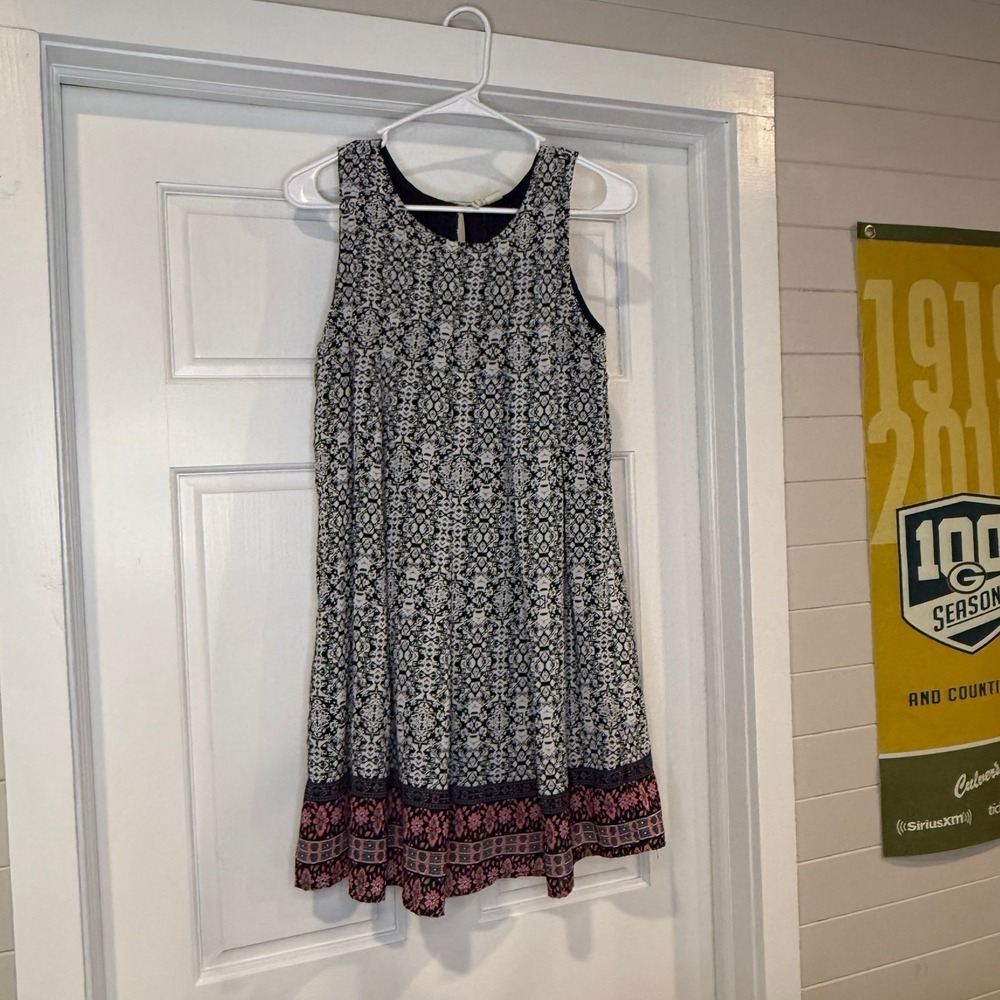Japna Womens XS Boho Geometric Print Sleeveless Shift Mini Dress Black White Pin